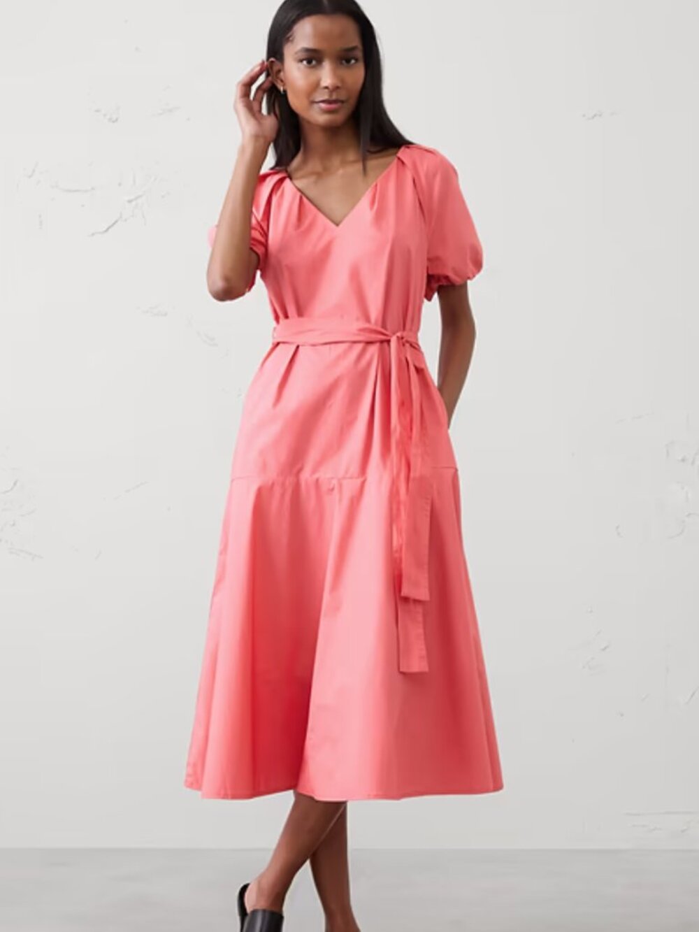 Banana Republic Poplin Gathered-Shoulder Midi Dress, Pink Macaroon, Size XS, NWT